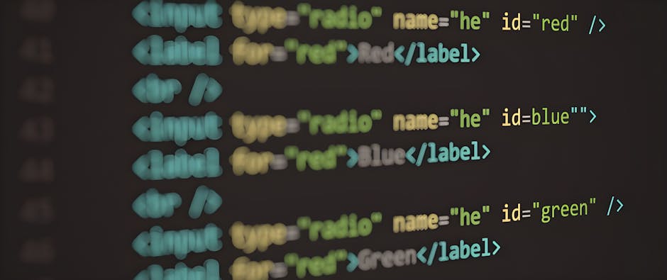 A close-up view of a computer screen displaying colorful HTML code snippets, with tags in shades of blue, green, yellow, and white. The code is related to web development, featuring labels for colors 
